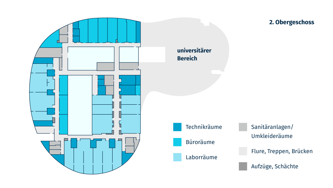 2. Obergeschoss: Laboreinheiten der Sicherheitsstufe 2 nach GenTSV, Isotopenlabor